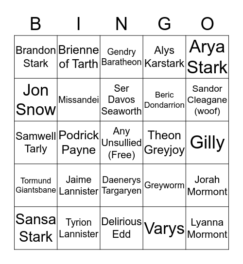 Battle of Winterfell, Valar Morghūlis  Bingo Card