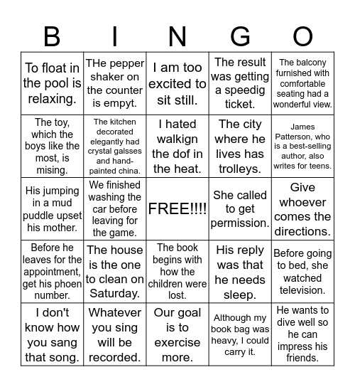 Phrases and Clauses Review Bingo Card
