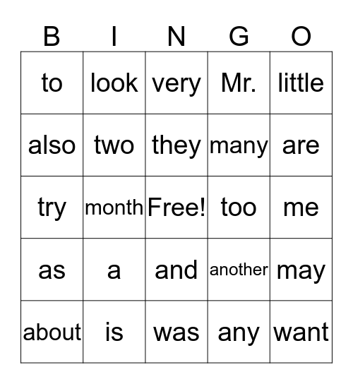 Grade 1 Trick Words Bingo Card