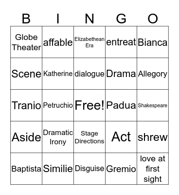 The Taming of the Shrew Bingo Card