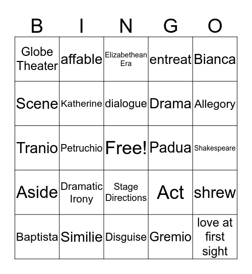 The Taming of the Shrew Bingo Card