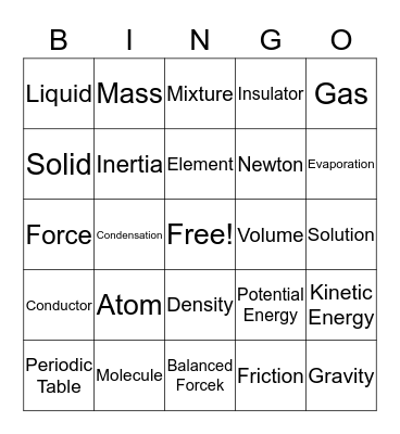 Physical Science Bingo Card