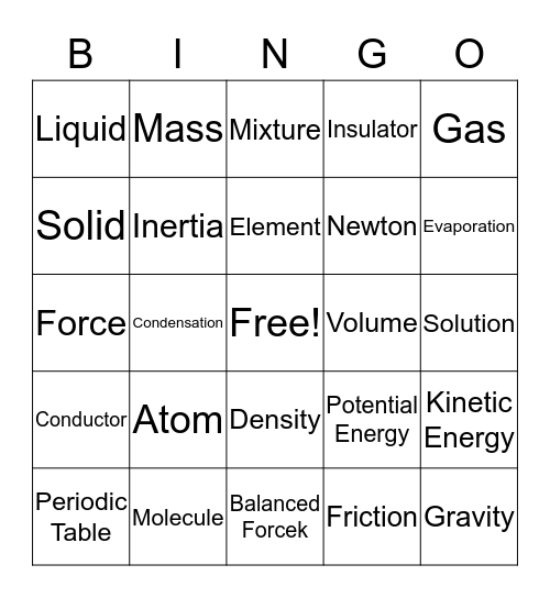 Physical Science Bingo Card