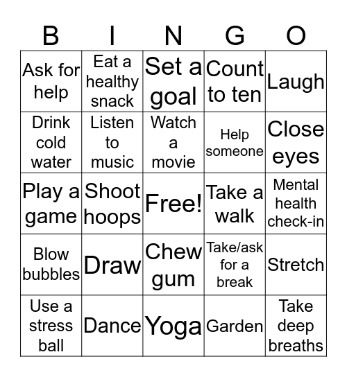 Coping Skills Bingo Card