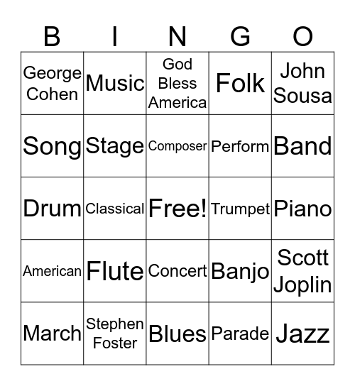 America Music Bingo Card