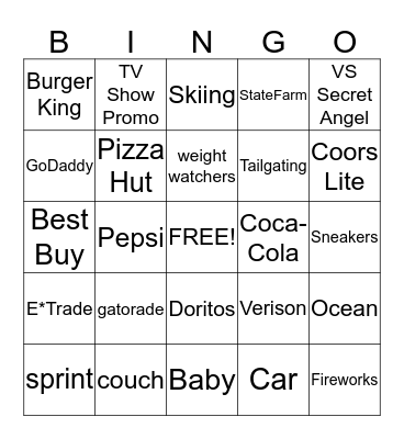 SUPER BOWL COMMERCIAL   Bingo Card