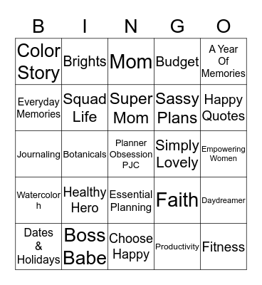 Planner Obsession Bingo Card