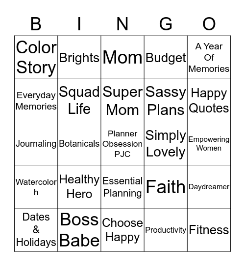 Planner Obsession Bingo Card