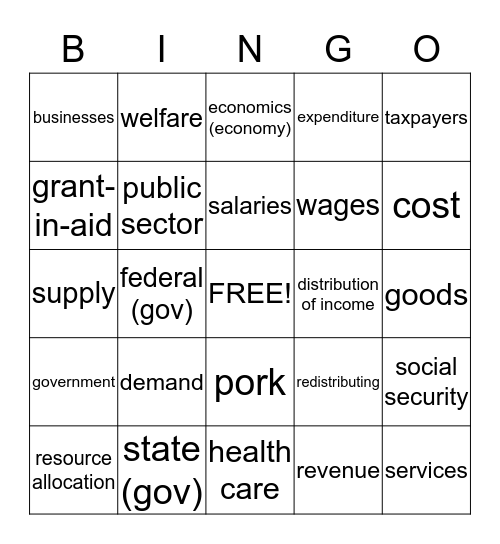 The Economics of Government Spending Bingo Card