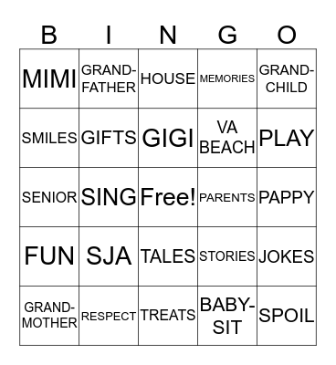 Grandparents Day Bingo Card