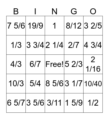 4th/5th Fraction Bingo Card