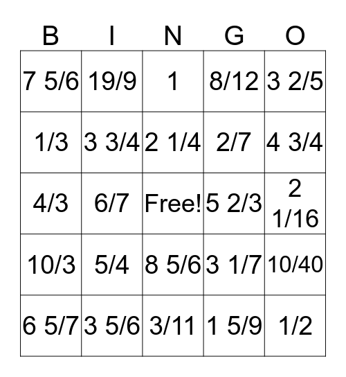 4th/5th Fraction Bingo Card