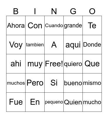 Spanish Words Bingo Card