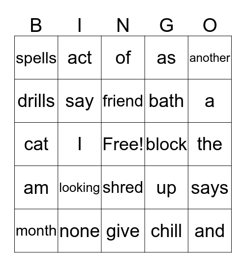 Sight Words Bingo Card