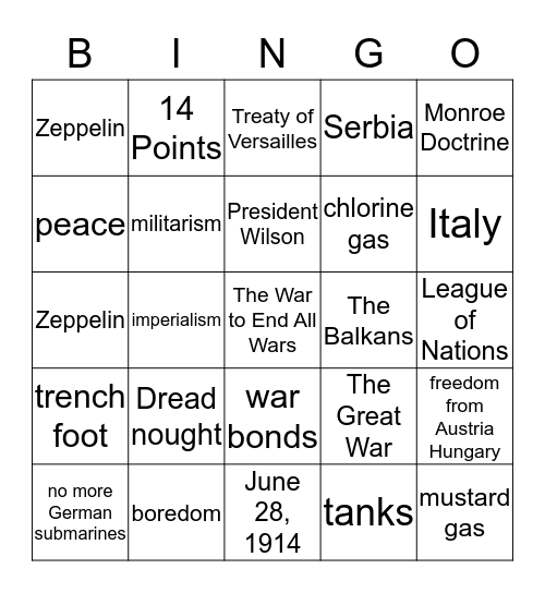 WWI Bingo Card