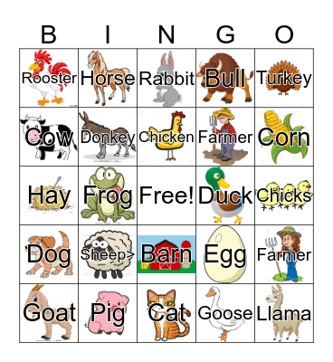 On The Farm/Farm Animals Bingo Card