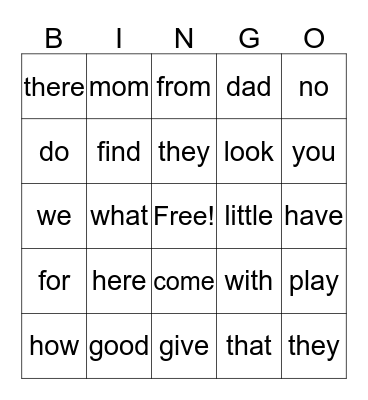 sight words Bingo Card