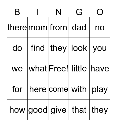 sight words Bingo Card