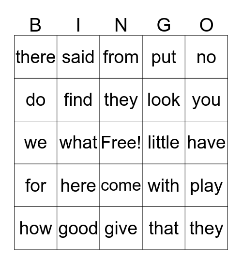 sight words Bingo Card