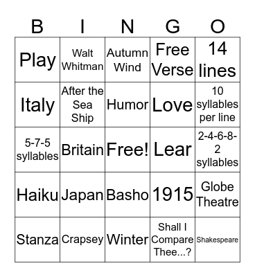 Poetry Bingo Card