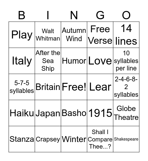 Poetry Bingo Card