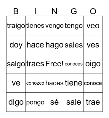 Yo Go Verbs Bingo Card