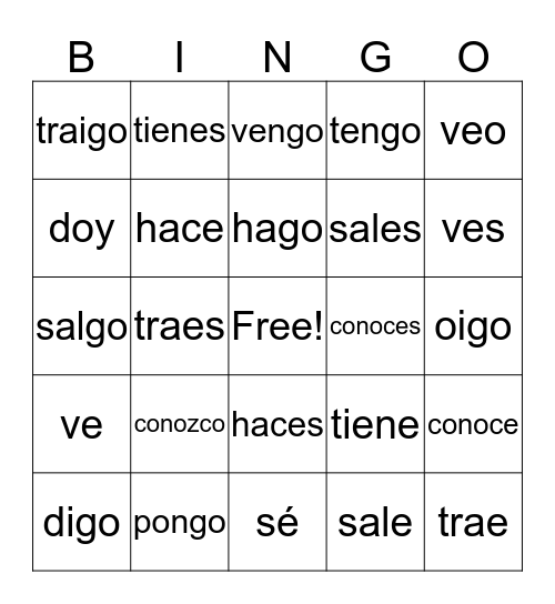 Yo Go Verbs Bingo Card