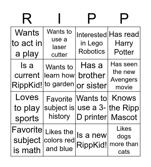 RippKid Bingo! Bingo Card