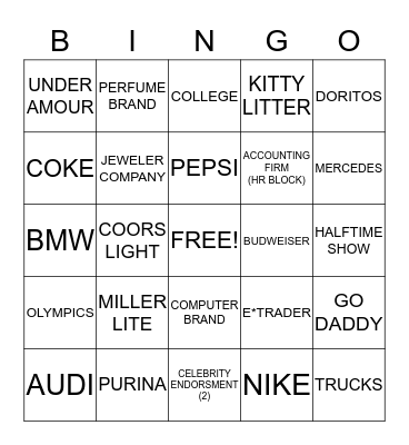 SUPER BOWL COMMERCIALS  Bingo Card