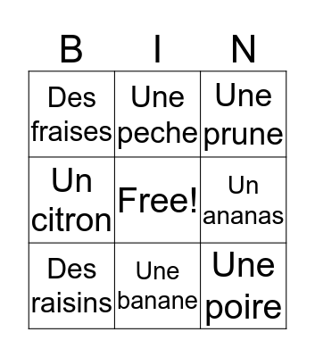 Les fruits Bingo Card