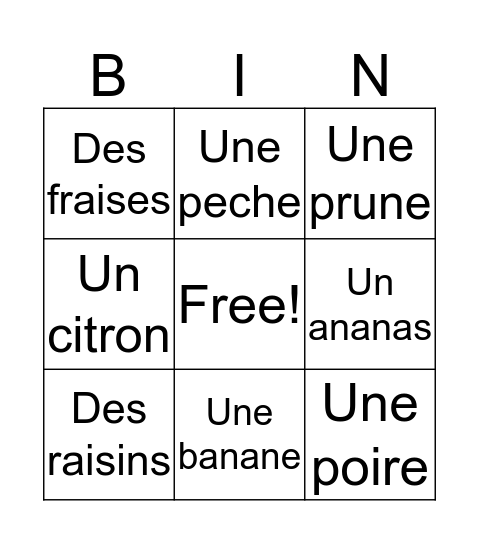 Les fruits Bingo Card