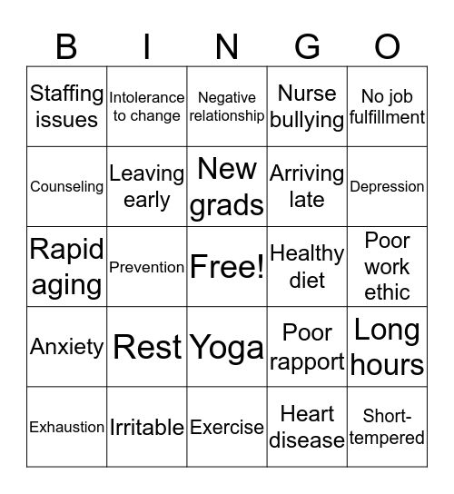 Nursing Burnout Bingo Card