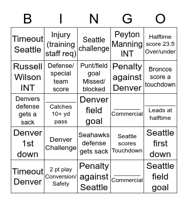 Super Bowl BINGO Card