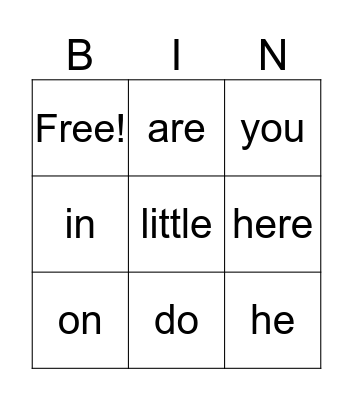 Sight Words Bingo Card