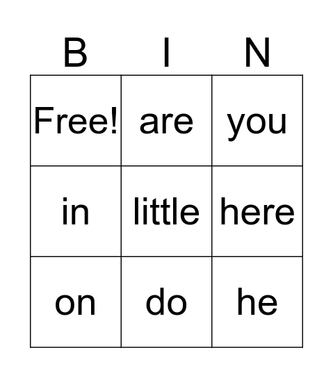 Sight Words Bingo Card