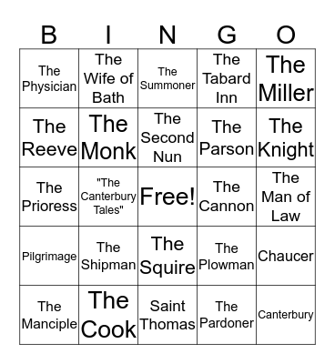 "The Canterbury Tales" Characters and Places Bingo Card