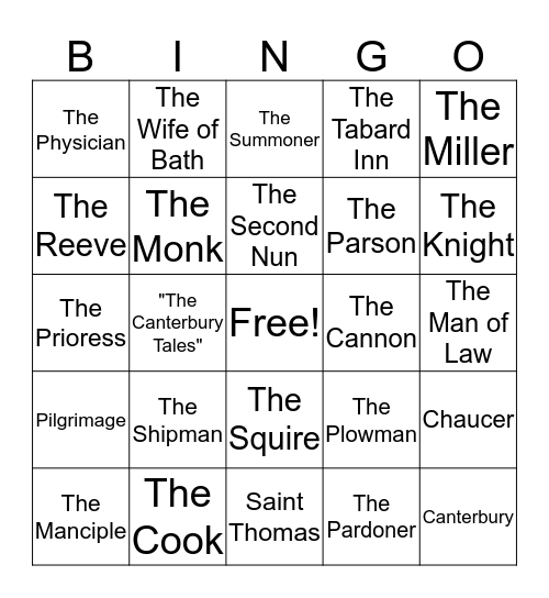 "The Canterbury Tales" Characters and Places Bingo Card