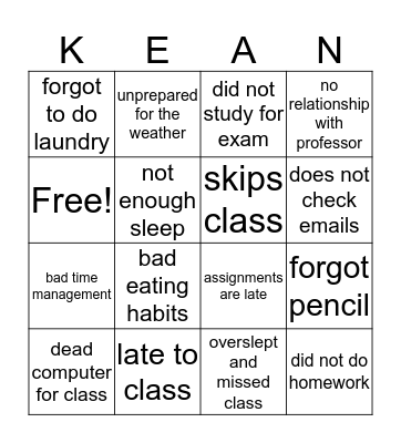 UNPREPARED COLLEGE STUDENT Bingo Card