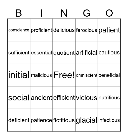 ci and ti endings Bingo Card