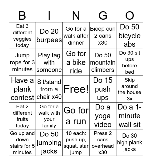 FUN FITNESS BINGO! Bingo Card