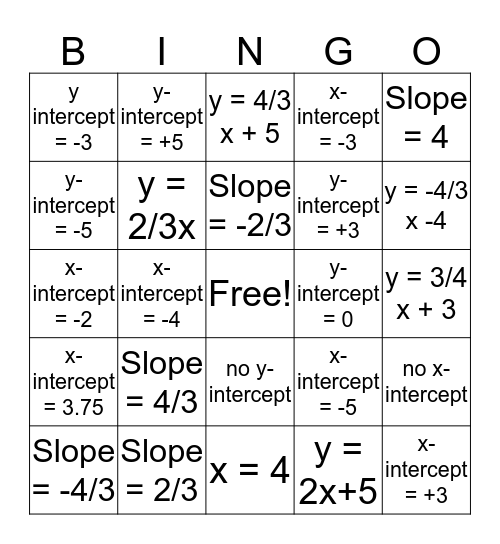 Linear Function Bingo Card