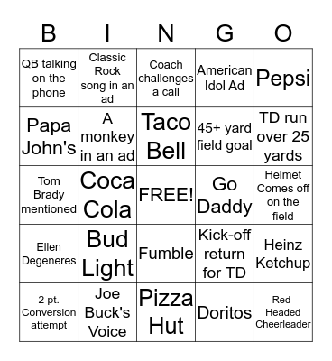 Super Bowl Bingo Card