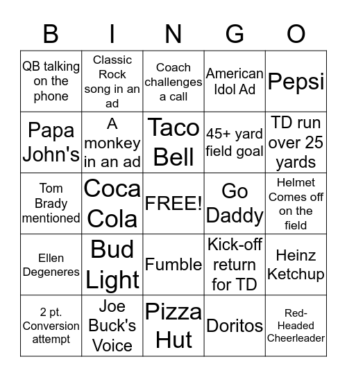 Super Bowl Bingo Card