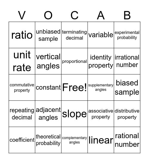 Math 7 Bingo Card