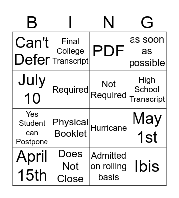 Transfer Students Bingo Card