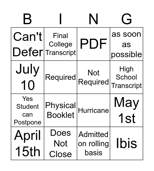Transfer Students Bingo Card