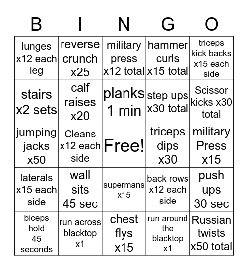 Fitness Bingo Card