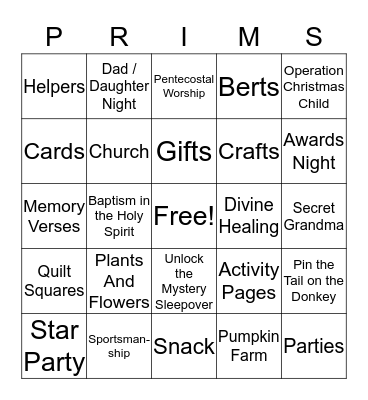 Prims 2019 Bingo Card