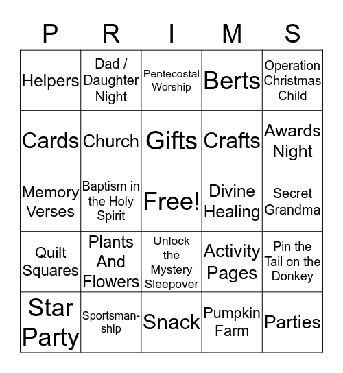 Prims 2019 Bingo Card