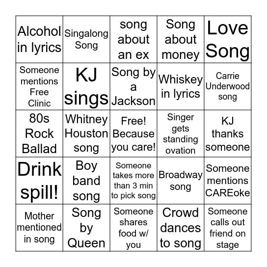 Write in person's name, song title, etc as it applies! Bingo Card